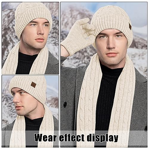 WingFly Damen Winter Warm Mütze Touchscreen Handschuhe und Lang Schal Set mit Dick Fleece Gefütterte, Winterhandschuhe Weihnachten Geschenk für Frauen (Beige)