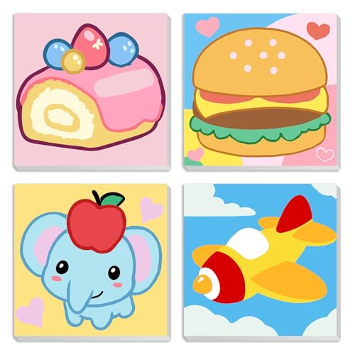 MXJSUA Imagen De Dibujos Animados Juego De 4 Lienzos Enmarcados Para Pintar Por Números Para Niños Y Adultos, Kits De Manualidades De Pintura Acrílica DIY Para Decoración De Pared Del Hogar, 20x20cm