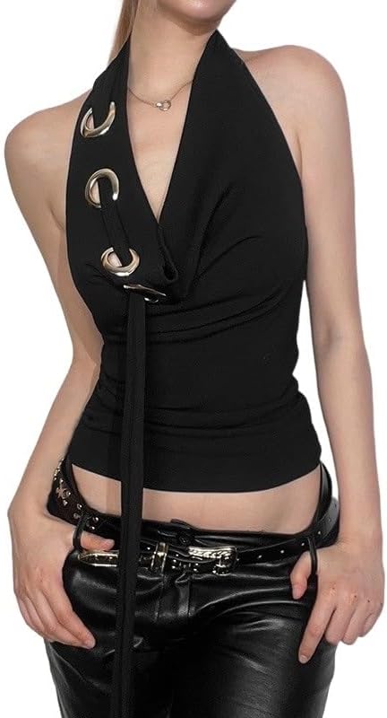 Women's Sexy Backless Tank Top - Hanging Neck Halter Neck Camisole Tank Top with Stretch Ribbed Raglan Tops for Club Beach