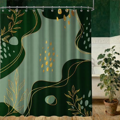 puuiui Dark Green Shower Curtain Hunter Green and Gold Mid