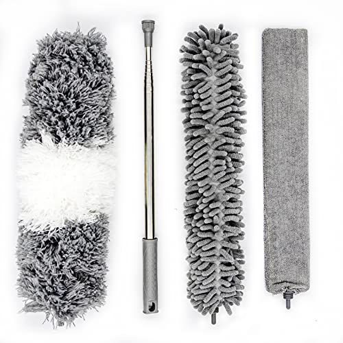 Image of 3Pcs Microfiber Feather Duster, Cobweb Remover and Ceiling Fan Duster with Telescopic Pole Handle - 100 inch Telescoping Dust Remove Cleaning Tool Set