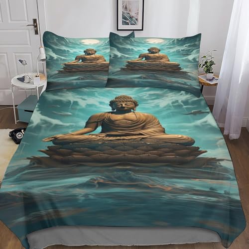 Bouddha 3 Pcs Ensemble De 3D Digital Print Parure De Lit Enfant Adultes Literie Statue de Bouddha Housse De Couette Et Taies D'oreiller-Microfibre Avec...