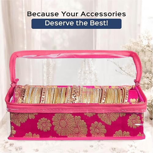 Image of HomeStrap Set of 2 Brocade Design Single Rod Storage Bangle Box for Women /Chudi Organizer Holder with Transparent Top (Pink)