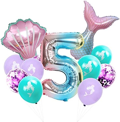 Mermaid Balloons Mermaid Party Decorations, Mermaid Tail Balloon and Large Number 5 Balloon for Girls 5th Birthday Decorations Mermaid Party Supplies