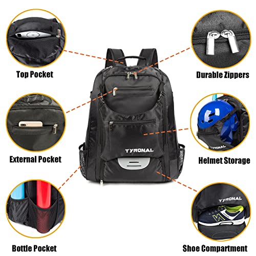 Tyronal Baseball Bag - Baseball Backpack With Shoes Compartment For Youth And Adults,Large Capacity Baseball Bags Holds 4 Tee Ball Bats, Helmet, Gloves And Cleats. (Black) #TOP3
