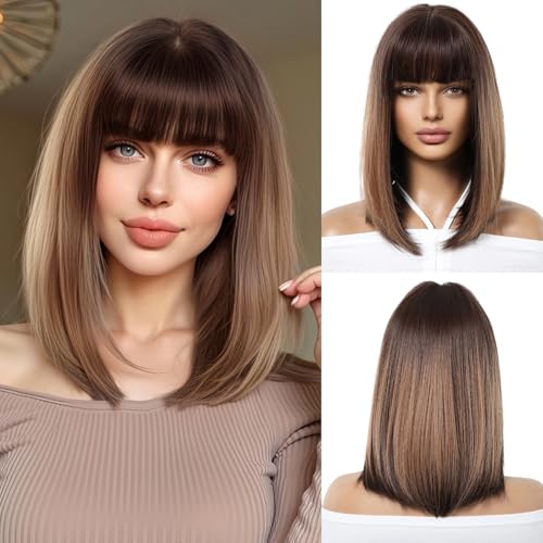 OUFEI Perruque Ombre Brown Bob avec une frange courte et droite pour les femmes Perruque de Cheveux Synthétiques pour le Parti Quotidien Cosplay Portant