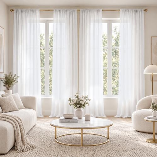 FMFUNCTEX White Sheer Curtains, 84 Inch, Rod Pocket, 4 Panels for Bedroom