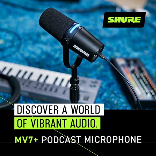 Image of Shure MV7+ Podcast Dynamic Microphone with Stand - OBS Certified, Enhanced Audio, LED Panel, USB-C & XLR Outputs, Auto Level Mode, Digital Pop Filter - for Podcasting, Streaming, and Recording, Black