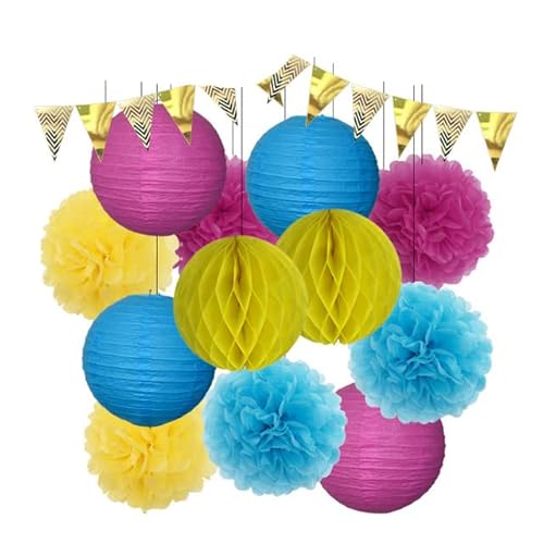 Baby Girl 1st Birthday Party Favor Pink Set Round Paper Lantern White Folding Honeycomb for Kids Boy Baptism Wedding Decor-Rose Blue Yellow,8inch(about 20cm)