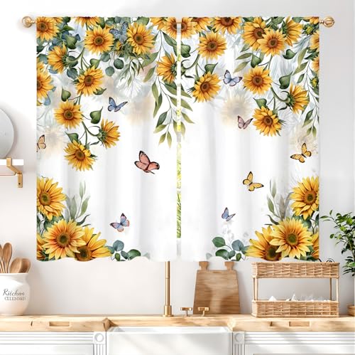 Famiffty Yellow Sunflower Country Kitchen Curtain 27.5W X 39L Inch 2 Panel Rod Pocket Rustic Floral Flower Butterfly Farmhouse Over Sink Set Small Short Cafe Tier Window Drapes Bathroom Home Decor