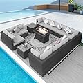 NICESOUL® 15 Piece 12 Seats Luxury Wicker Outdoor Patio Furniture Set with Natural Gas/Propane Firepit Table, 29.3" High Back Deep Seating Wide Arm Modern Modular PE Rattan Sectional Conversation Set