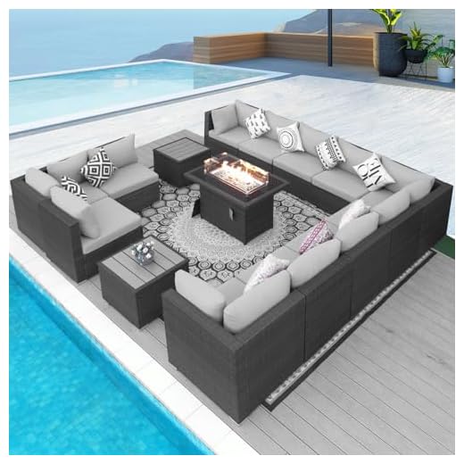 NICESOUL 15 Piece Outdoor Patio Furniture Set with Fire Pit, Extra Large Wide Outdoor Deep Seated Sectional, Cozy 29.3'' High-Back Modular Couch, 500 Lbs High Weight Capacity Wicker Sofa, Light Gray