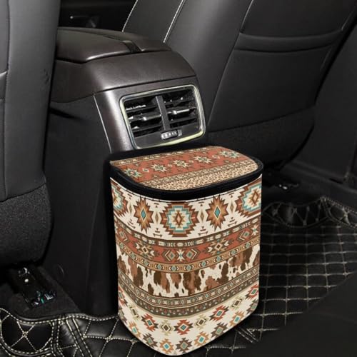 Image of Talayituse Aztec Tribe Brown Cow Print Car Trash Can with Lid, Leak Proof Auto Trash Bag Hanging Vehicle Garbage Can Multipurpose Storage Container for Back Seat Road Trip