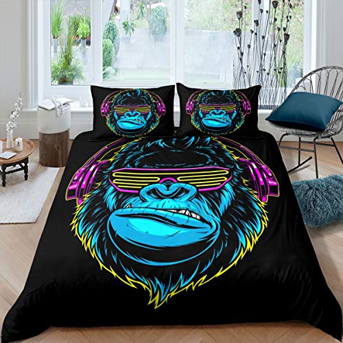 Loussiesd Boys Gorilla Bedding Set for Kids Teens Hip Hop Style Bed Cover Decorative Youth Rock Music Themed Duvet Cover Blue Pink Wild Animal Bedspread Cover Double Size 3Pcs Bedclothes