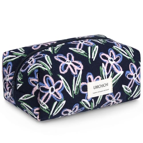 Umchichi Soft Cotton Makeup Bag, Navy Blue Floral Elegant Travel Vanity Bag