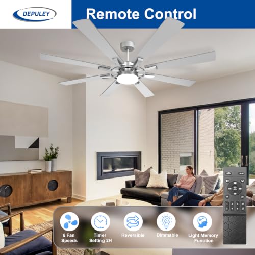 Image of Depuley 72-Inch Ceiling Fan with Light: Modern 8-Blade Brushed Nickel Indoor Outdoor Fans with Remote App Control Dimmable Light - Ultra Quiet DC Motor Reversible 6 Speed Timer