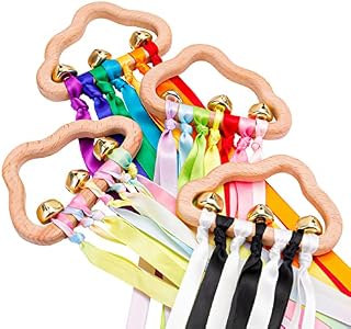 4PCS Sensory Wooden Ring Baby Toys - Babies Rainbow Ribbon Rattle Toy Educational Toddler Play Toy with Bells