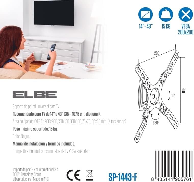 Miniatura 3 de Elbe SP-1443-F - Soporte universal fijo de pared para TV de 14 pulgadas - 43 pulgadas (capacidad máxima 33.1 lbs, vesa 50 x 50, 75 x 75, 100 x 100,