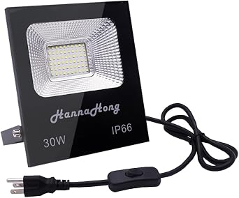 30W LED Flood Light with Plug,3000lm Super Bright Security Lights, IP66 Waterproof Outdoor Work Light, 6000K Daylight White Spotlight for Eave, Porch, Garage, Patio, Yard, Garden, Lawn