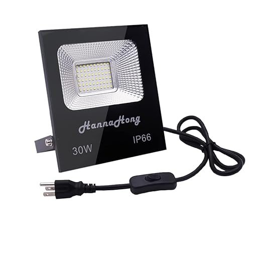 HANNAHONG 30W LED Flood Light Plug in,3300 Lumen,Super Bright Security/Work/Plant Grow Light,IP66 Waterproof Outdoor,Daylight White Reflector Spotlight for Porch, Garage,Patio,Yard,Garden,Lawn