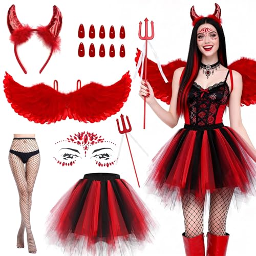 Engel Teufel Kostüm Damen Rot Set, 80CM Engelsflügel Rot Erwachsenes, 7 Stück teufel kostüm flügel rote flügel kostüm damen mit Tüllrock...