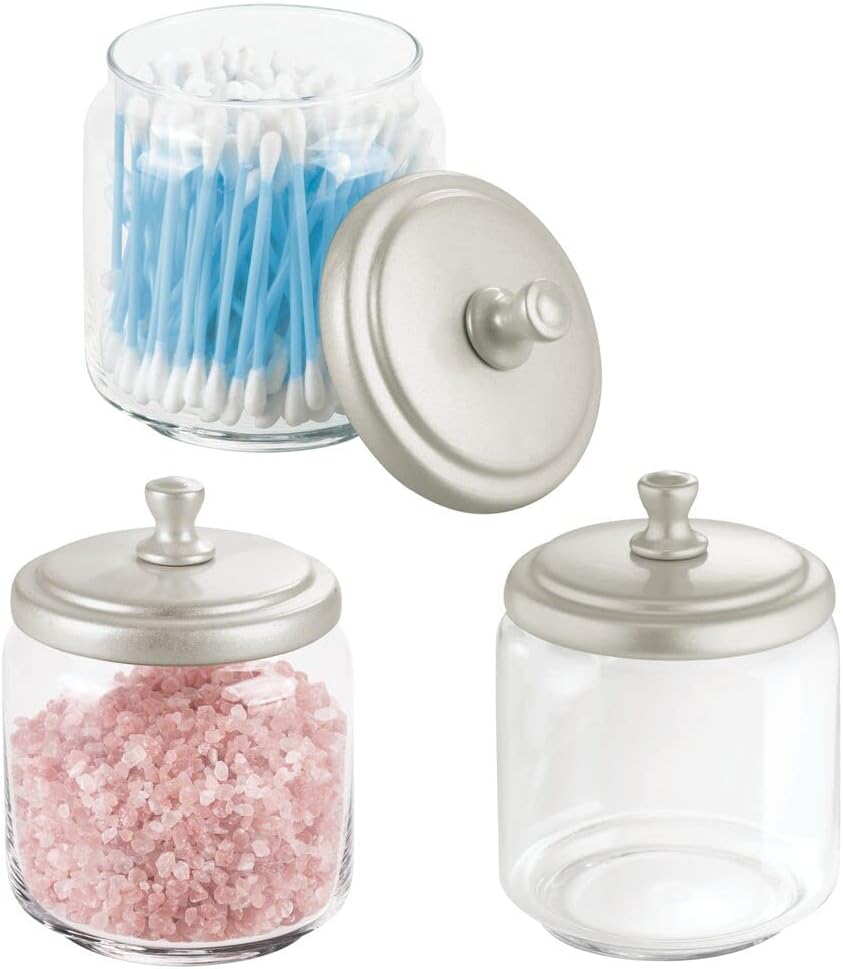 mDesign Glass Bathroom Vanity Storage Organizer Canisters Jars for Cotton Balls, Swabs, Makeup Sponges, Bath Salts, Hair Ties, Jewelry - 3 Pack - Clear/Satin