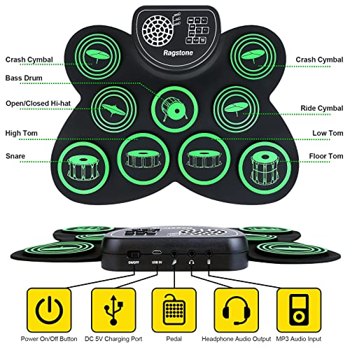 Ragstone Electronic Drum Set, Roll Up Drum Practice Kids Drum Set With Dual Stereo Speaker, Midi, Foot Pedals, Drum Sticks, Ideal Electric Drumset Toy Gifts For Kids Toddler Birthday #TOP3