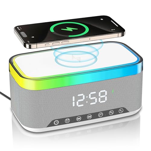 Bluetooth Speaker with Wireless Charging & Digital Clock, LED Display, 15W Qi Charging Station, 2x10W Speakers, 6 Ambient Lights, BT5.3/AUX/TF/USB, for Home, Bedside, Travel, Birthday Presen (White)