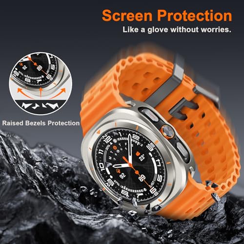 Image of Metal Case Compatible with Samsung Galaxy Watch Ultra /Ultra 2 (2025) 47mm with Back Cover, Rugged Thin Hard Frame Protective Cover for Galaxy Watch 7 /8 Ultra 47mm - Titanium Orange