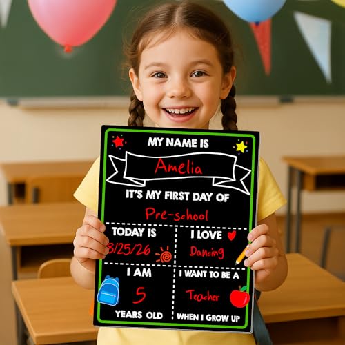 Image of First Day of School Sign, 14 x 11 in Double-Sided & Reusable Board for Kids