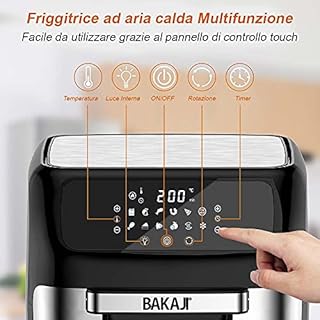 Bakaji Forno Friggitrice ad Aria Calda Frigge Cuoce Griglia Essicca Senza Olio Airfryer Capacità 12Lt Display LED Touch 12 Programmi Timer Regolazione Temperatura Potenza 1800W (Nero)