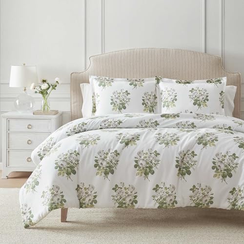 Image of Martha Stewart - Queen Comforter Set, Smooth Sateen Front with Subtle Sheen & Lightweight Cotton Percale Reverse, 3 Piece Bed Set with Matching Pillowcases (Eloise Floral Grey)