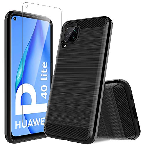LK Funda para Huawei P40 Lite,[Anti-Huella Digital][Slim Fit] Carcasa Protectora Cepillada TPU Suave Cover con Vidrio Templado Screen Protector[1 Pack] para Huawei P40 Lite - Negro