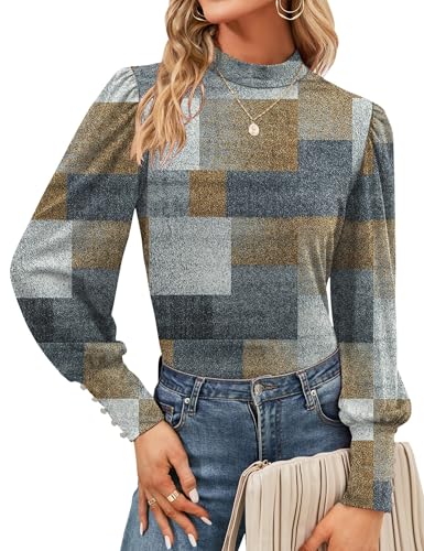 Tisfeer Blusa de manga larga para mujer, cuello alto, manga abombada, casual, puños con botones, túnica de otoño, Cuadrados blancos multicolores, M