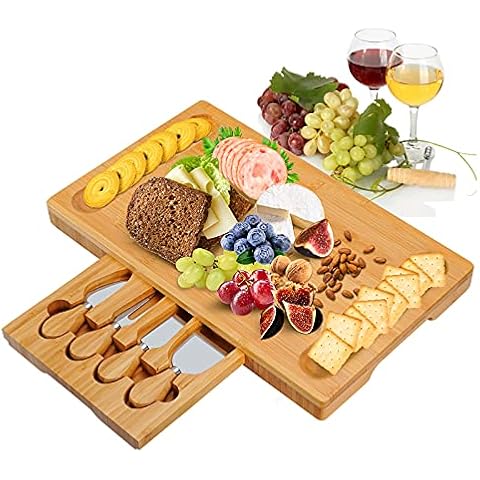 Cheese Board Set, Cheese Tray, Charcuterie Board and Serving Meat Platter with 4 Stainless Steel Cheese Knives, Ideal for Wedding Gifts Christmas Birthday Party Cover