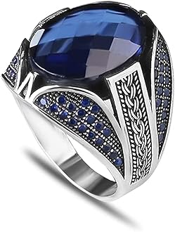 925 Sterling Silver Men Silver Ring with Sapphire GemStone, Handmade Engraved Silver Ring, Gift for him, Minimalist Silver Ring (6.5)