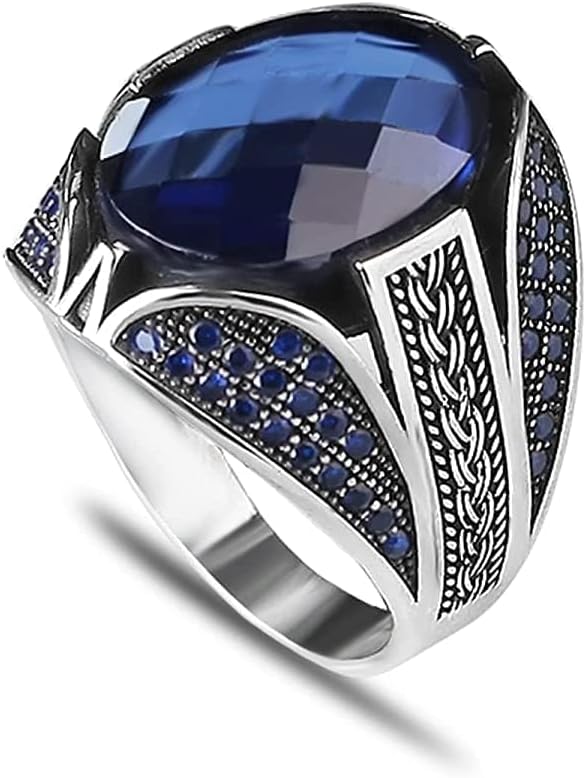 KsrModa925 Sterling Silver Men Silver Ring with Sapphire GemStone, Handmade Engraved Silver Ring, Gift for him, Minimalist Silver Ring (9)