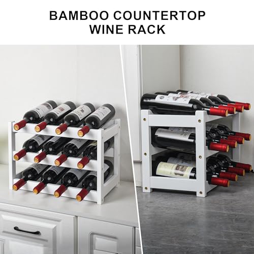 Miniatura 5 de Vasmia Botellero De Bambú, Soporte Para 12 Botellas, Estantes De Almacenamiento Independientes De 3 Niveles Para Cocina, Despensa, Bodega Bar,Blanco