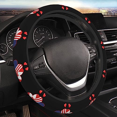 Hearts USA American and Canada Canadan Flag Steering Wheel Cover for Men Women Anti-Slip Elastic Thickened Steering Wheel Cover Universal Fit 15 Inch