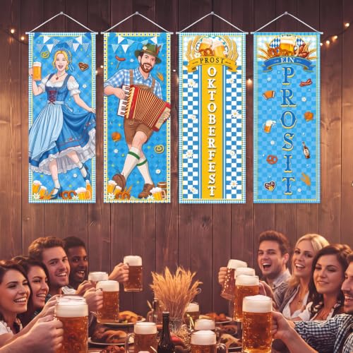 Image of Panelee 4 Pcs Oktoberfest Party Decorations Oktoberfest Prosit Couple Porch Banners Bavarian Hanging Banner Backdrop for German Theme Beer Festival Indoor Outdoor Wall Hanging Decor