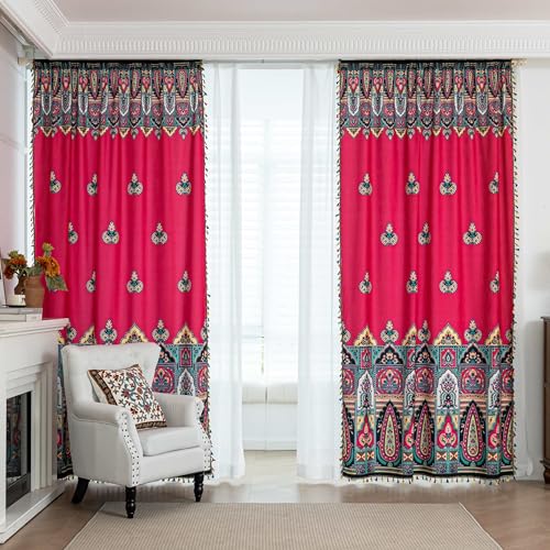 Image of Red Paisley Curtains 96 Inches Long, Boho Farmhouse Light Filtering Rod Pocket Drapes with Tassel Trim for Bedroom Living Room, 2 Panels