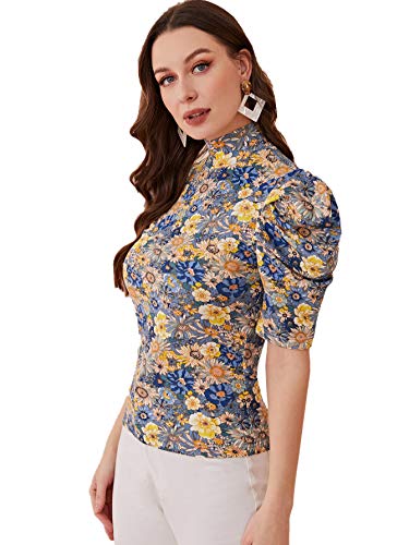 Floerns Women's Casual Frill Mock Neck Short Puff Sleeve Keyhole Back Work Office Blouse Gold Floral Xl #TOP2