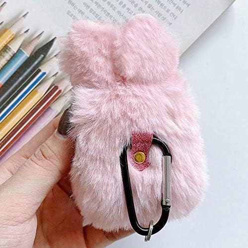 Pepmune for Airpods 1 & 2 Case Cute Fluffy Furry Girls Case Faux Rabbit Fur Cover Soft Silicone Shockproof Plush Case with Carabiner - Pink