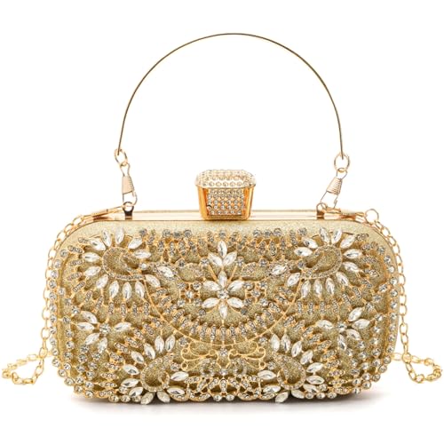 Pumtus Rhinestones Evening Bag, Gold Sparkly Crystal Handbag with Detachable Chain, Luxury Women's Clutch Bag, Diamonds Lady Cocktail Purse for Bridal, Wedding, Party, Prom, Date Night