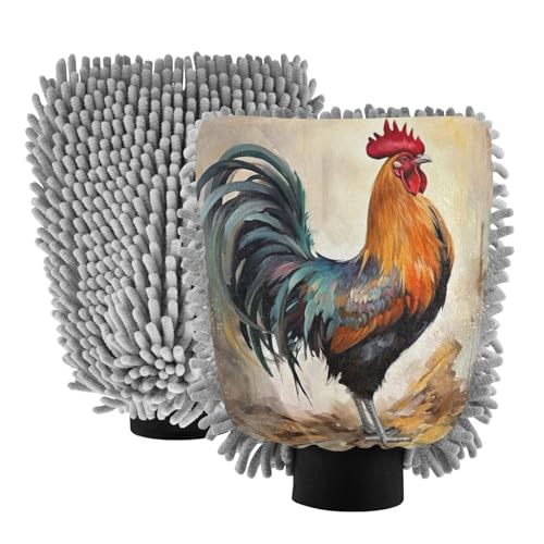 Flradish 2 Pack Retro Style Farmhouse Rooster Car Wash Mitt Chenille Microfiber Lint-Free Scratch Free Ultra-Soft Absorbent Car Wash Mitt 10.2x7.09 Inch