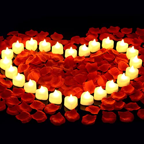 cridoz 2000 Pieces Artificial Rose Petals with 24 LED Tea Lights Candles, Romantic Decorations Special Night Set for Night, Valentine’s Day, Wedding Anniversary or Table Décor, Warm White