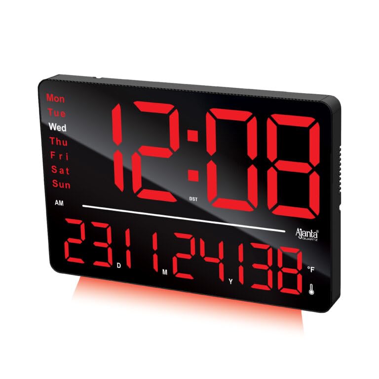 Image of Ajanta Digital Wall Clock with RGB Night Light, Temperature, Calendar and 12 /24H Format (Red, 33 x 22 cm)