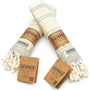 (Set of 2) DEMMEX Certified 100% Organic Cotton & Organic Dye Prewashed Diamond Weave Turkish Hand Face Gym Towel, 18x36 Inches (White-Grey)