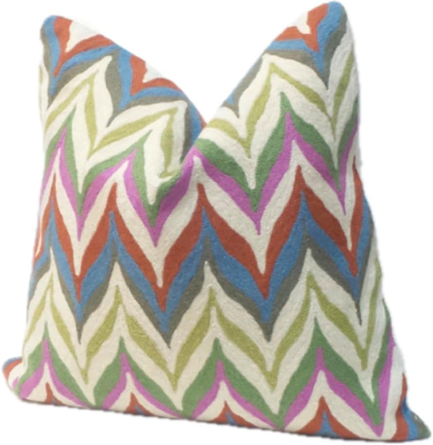 Multi-Color Chevron Decorative Throw Pillow Cover, 20 x 20 Inches, Geometric Cushion Case, Wool/Cotton, Handmade, Dry Clean, One-of-a-Kind