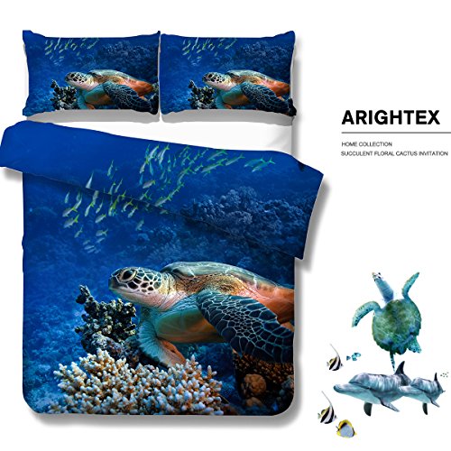Arightex Turtle Bedding Sea Turtle Comforter Cover Blue Turtle Twin Bed Set Boys Ocean Animal Duvet Cover 3D Ocean Corals Fishes Print Bedspread For Teens Kids Girls 3-Piece Sealife Quilt Set (Twin) #TOP1